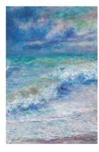 Abstract blue-green seascape painting showing ocean waves and white foam along a pale shore.