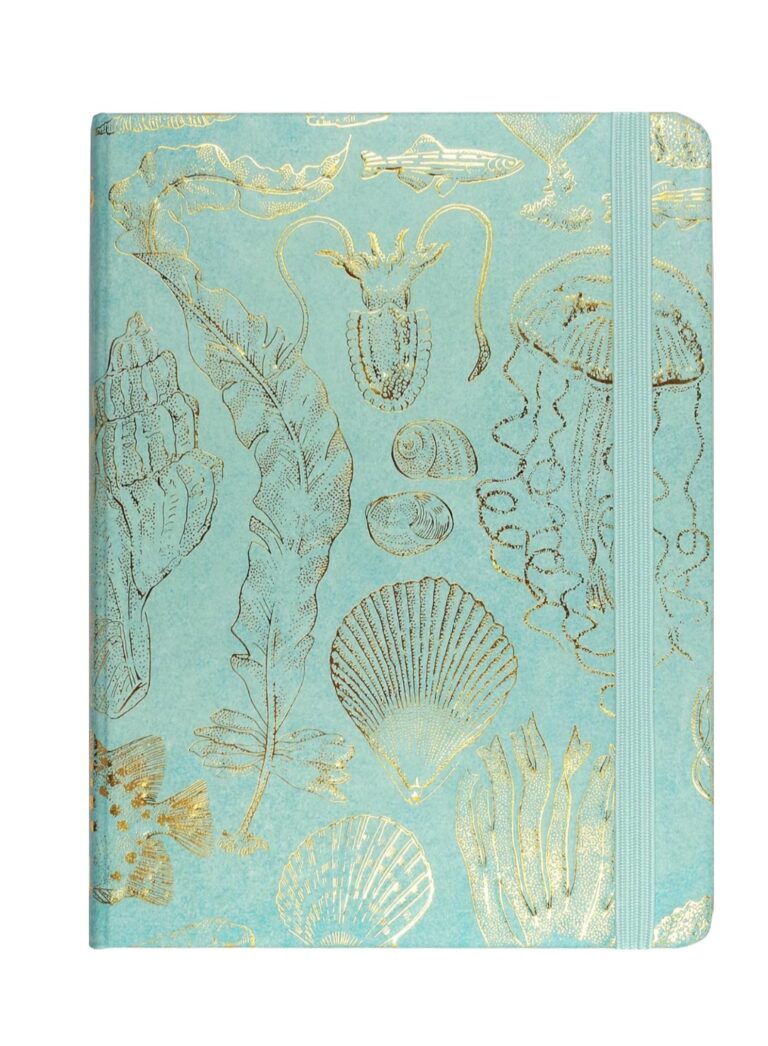 Turquoise notebook with gold-foil sea life pattern (shells and coral) and a light blue elastic band on the right edge.