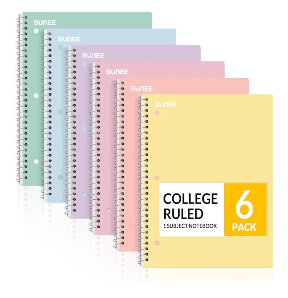 Six pastel SUNEE spiral notebooks fanned out, yellow front shows 6-pack; 1-subject, college-ruled notebooks.