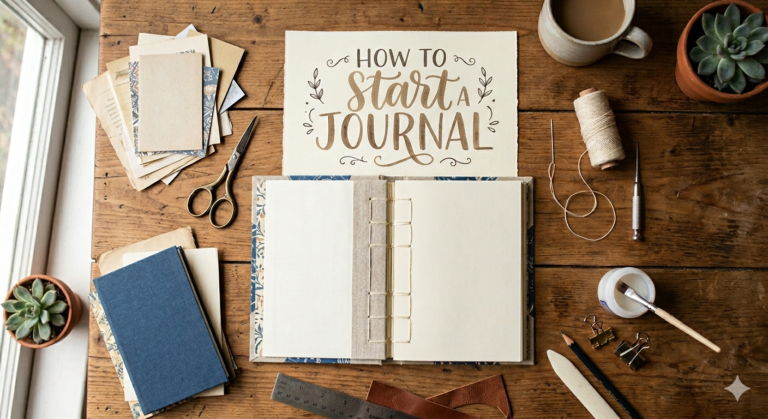 Top-down view of a journaling workspace: open blank ring-bound notebook, craft papers, scissors, string, mug, and small plants on a wooden table.