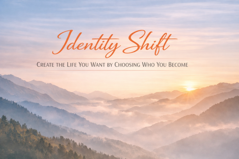 Sunrise over misty mountains with orange 'Identity Shift' title and the tagline about creating the life you want to become.
