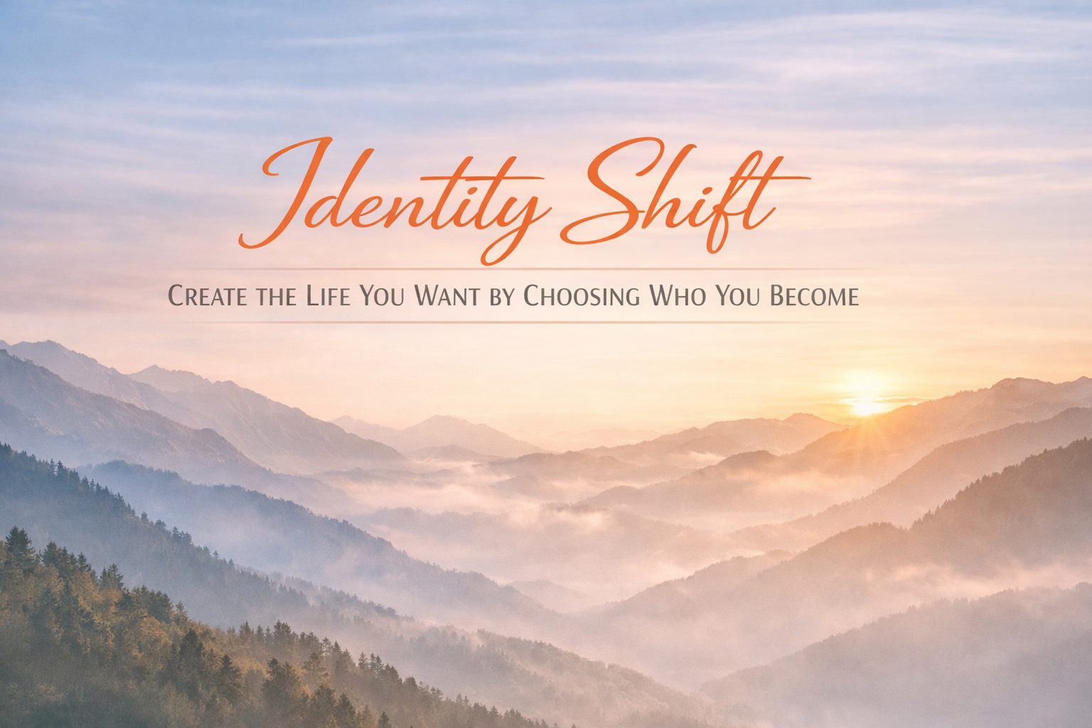 Sunrise over misty mountains with orange 'Identity Shift' title and the tagline about creating the life you want to become.