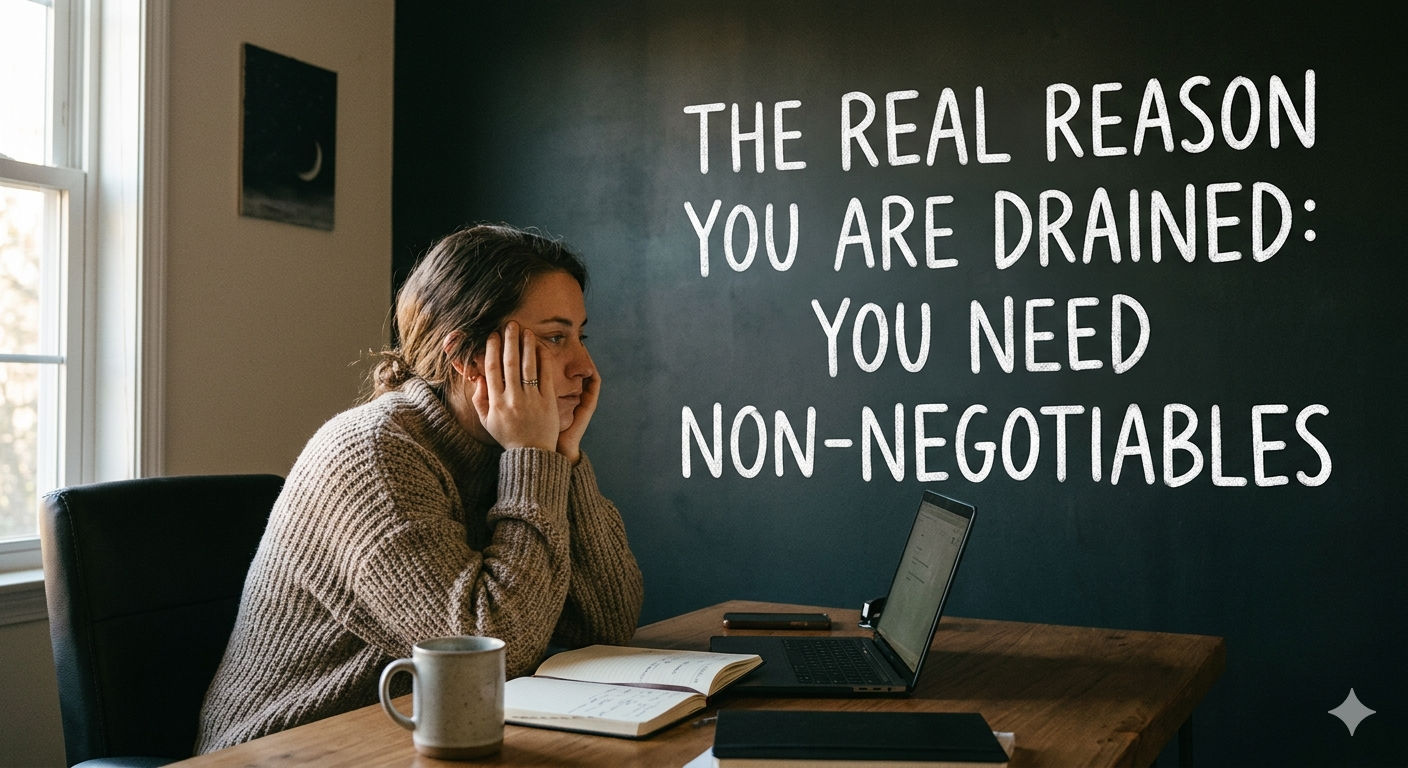Woman at a wooden desk with a laptop and notebook, resting her head on her hands; chalkboard behind reads 'The real reason you are drained: you need non-negotiables'